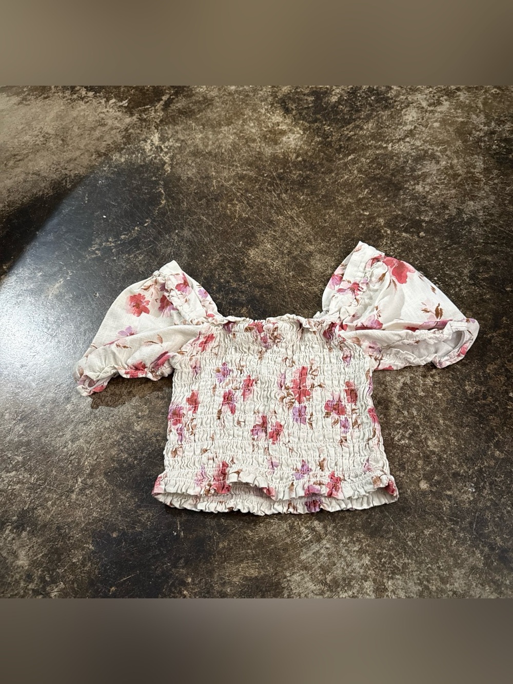 Floral Smocked Off-Shoulder Crop Top - White with Pink Floral
